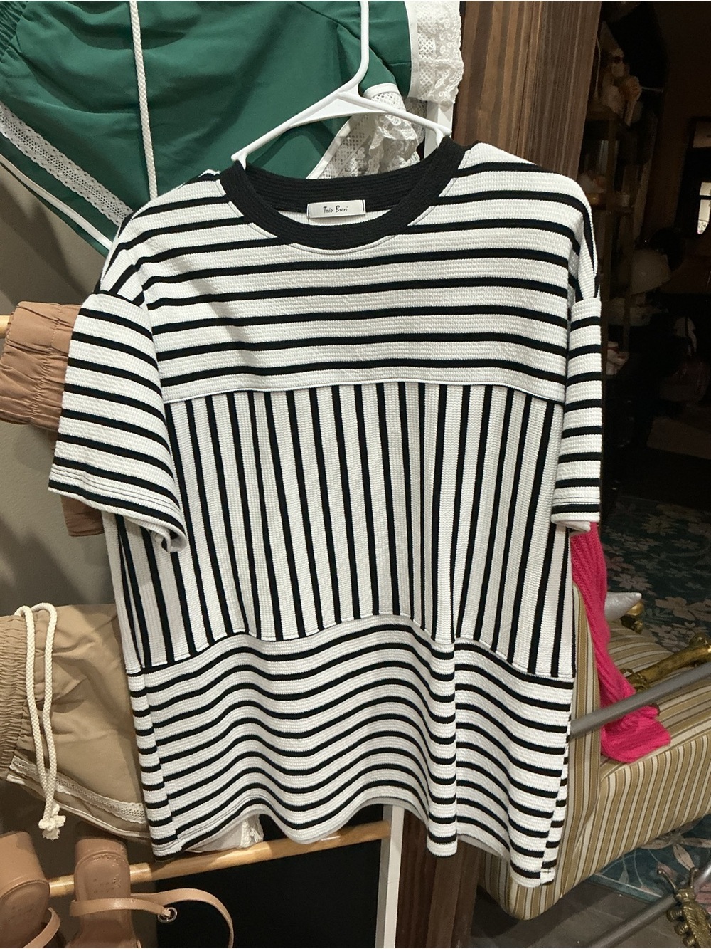 Tres Bien Black & White Striped Short Sleeve Knit Top